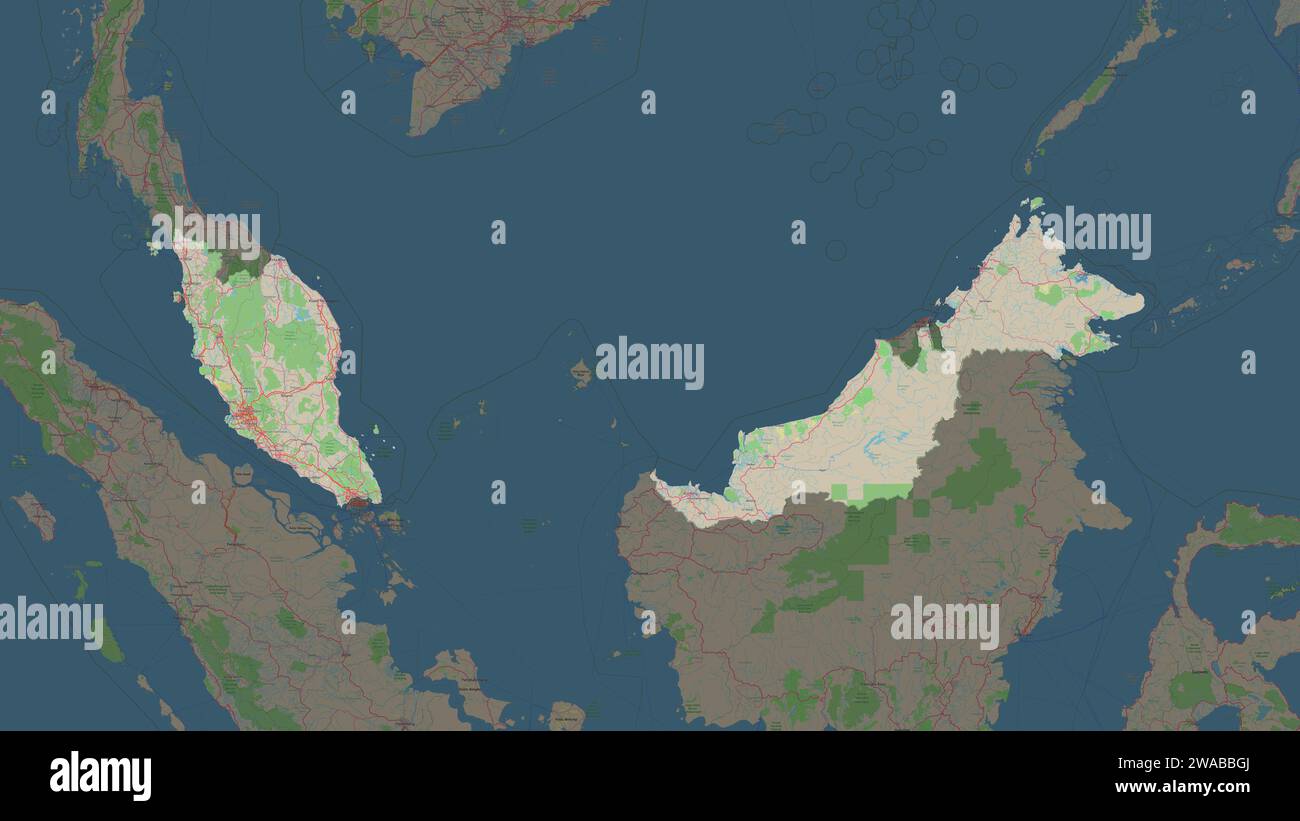 Malaisie mise en évidence sur une carte topographique de style OSM Allemagne Banque D'Images