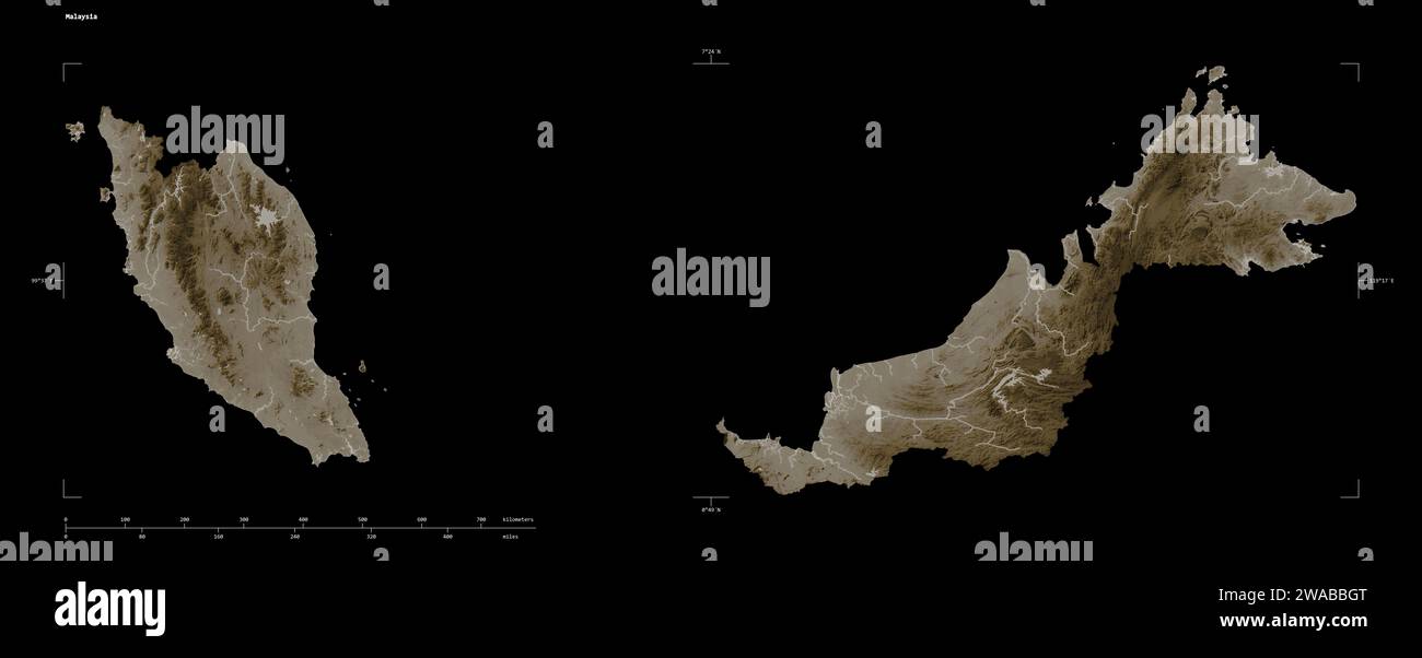 Forme d'une carte altimétrique colorée dans les tons sépia avec les lacs et les rivières de la Malaisie, avec l'échelle de distance et les coordonnées de la frontière de la carte, isolé sur bla Banque D'Images
