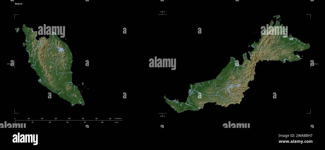 Forme d'une carte d'altitude couleur pâle avec les lacs et les rivières de la Malaisie, avec l'échelle de distance et les coordonnées de la frontière de la carte, isolé sur noir Banque D'Images