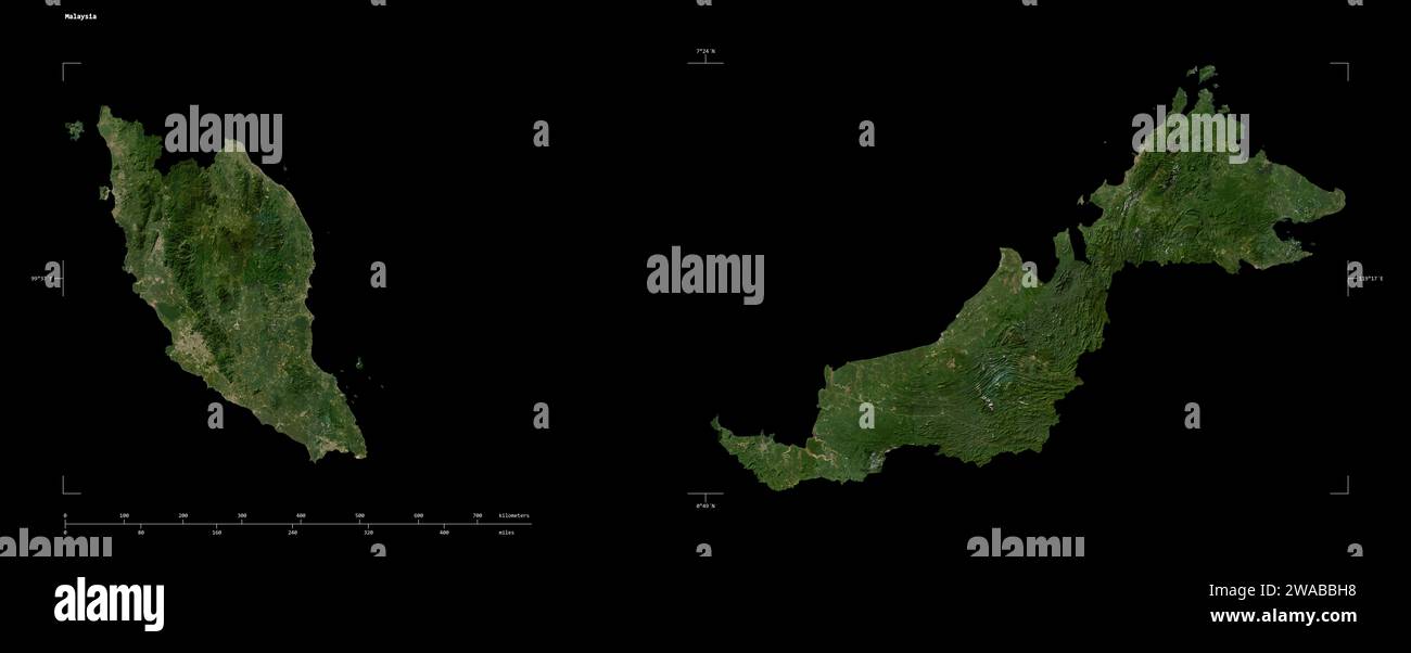 Forme d'une carte satellite à basse résolution de la Malaisie, avec échelle de distance et coordonnées de la frontière de la carte, isolé sur noir Banque D'Images