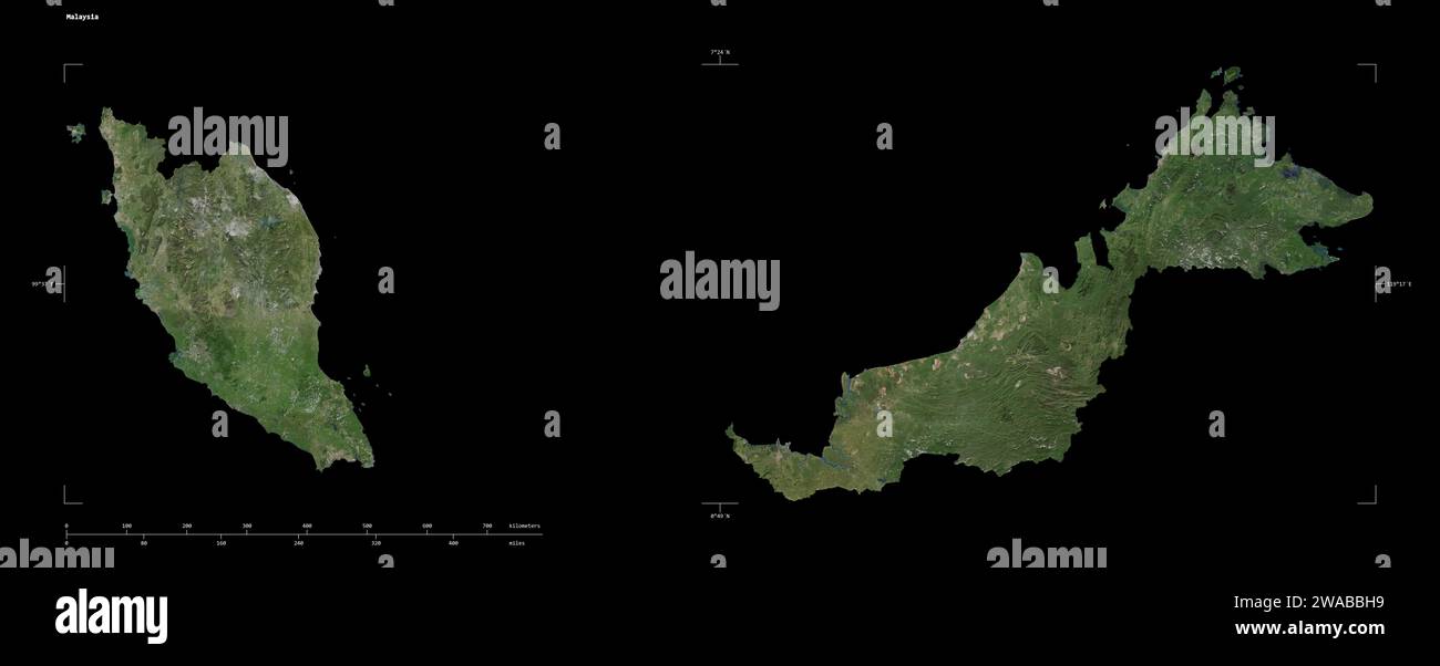 Forme d'une carte satellite à haute résolution de la Malaisie, avec l'échelle de distance et les coordonnées de la frontière de la carte, isolé sur noir Banque D'Images