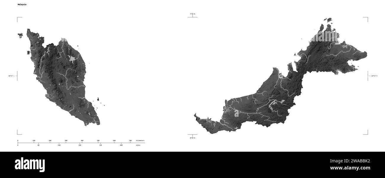 Forme d'une carte d'altitude en niveaux de gris avec les lacs et les rivières de la Malaisie, avec l'échelle de distance et les coordonnées de la frontière de la carte, isolé sur blanc Banque D'Images