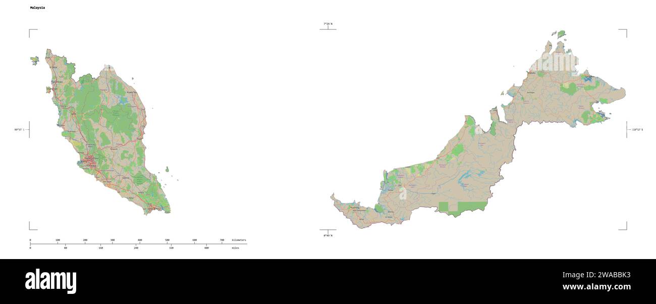 Forme d'une carte topographique, de style OSM standard de la Malaisie, avec échelle de distance et coordonnées de la frontière de la carte, isolée sur blanc Banque D'Images