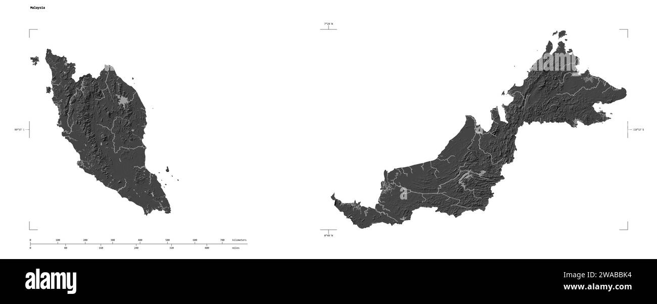 Forme d'une carte d'altitude à deux niveaux avec les lacs et les rivières de la Malaisie, avec l'échelle de distance et les coordonnées de la frontière de la carte, isolé sur blanc Banque D'Images