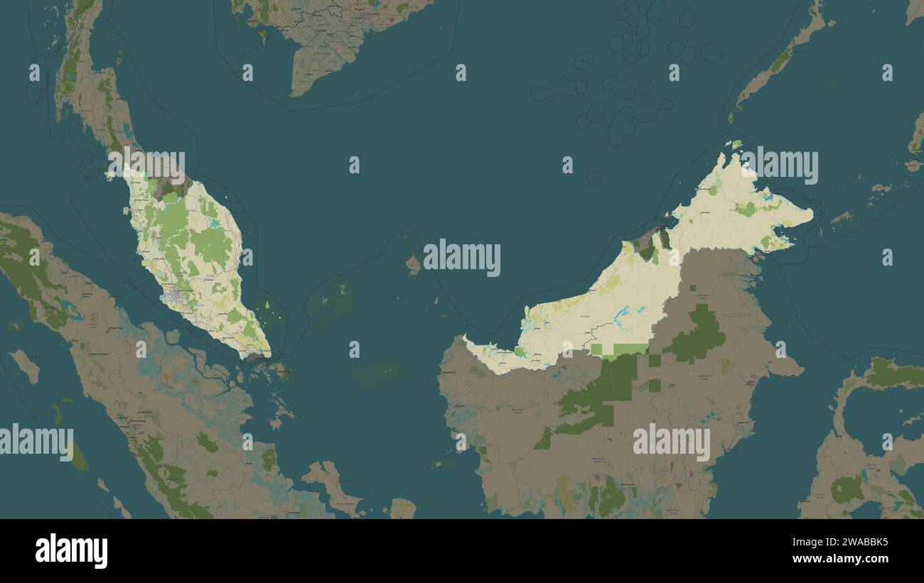Malaisie mise en évidence sur une carte topographique de style OSM Humanitarian Banque D'Images