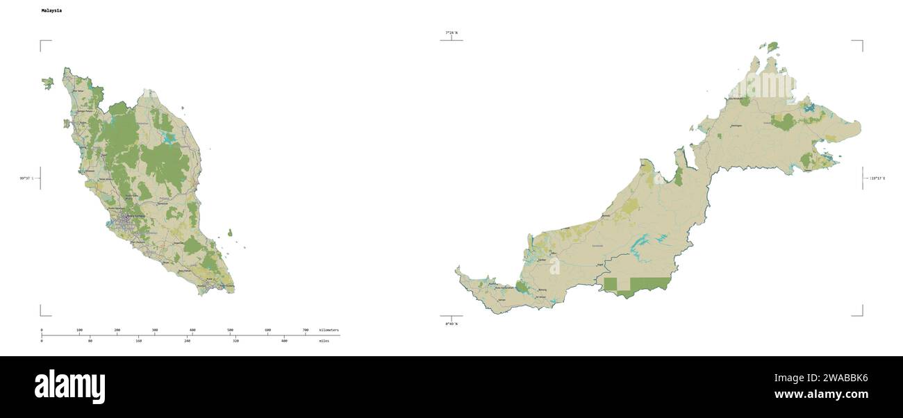 Forme d'une carte topographique, de style OSM humanitaire de la Malaisie, avec l'échelle de distance et les coordonnées de la frontière de la carte, isolée sur blanc Banque D'Images