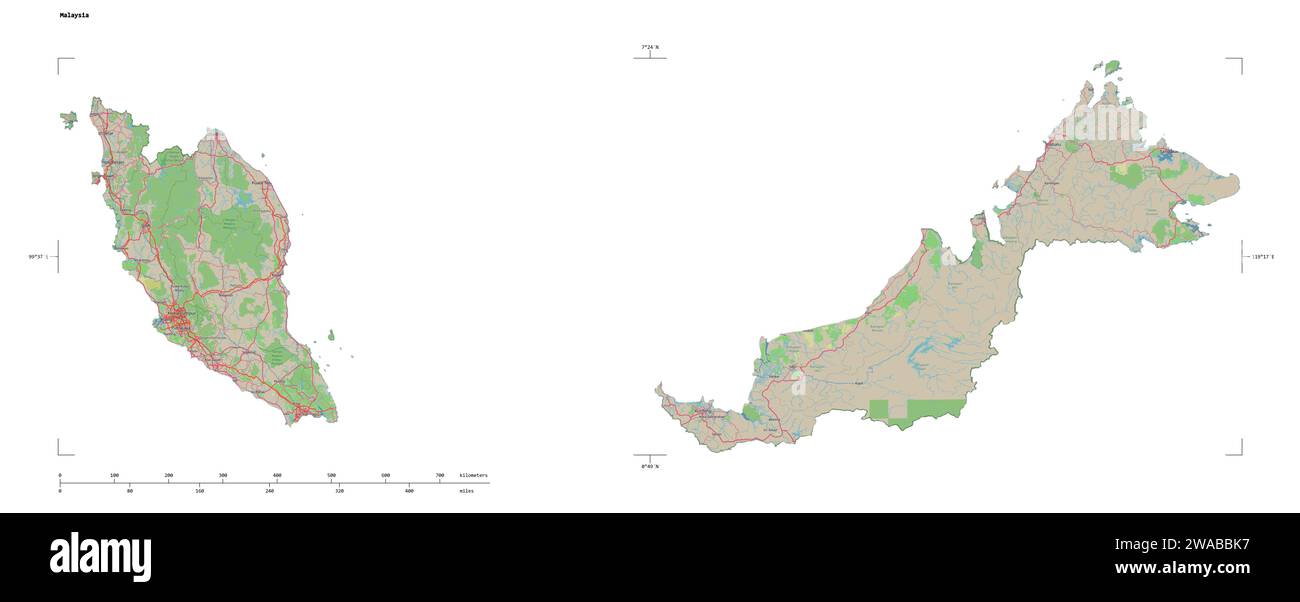 Forme d'une carte topographique, de style OSM Allemagne de la Malaisie, avec l'échelle de distance et les coordonnées de la frontière de la carte, isolée sur blanc Banque D'Images