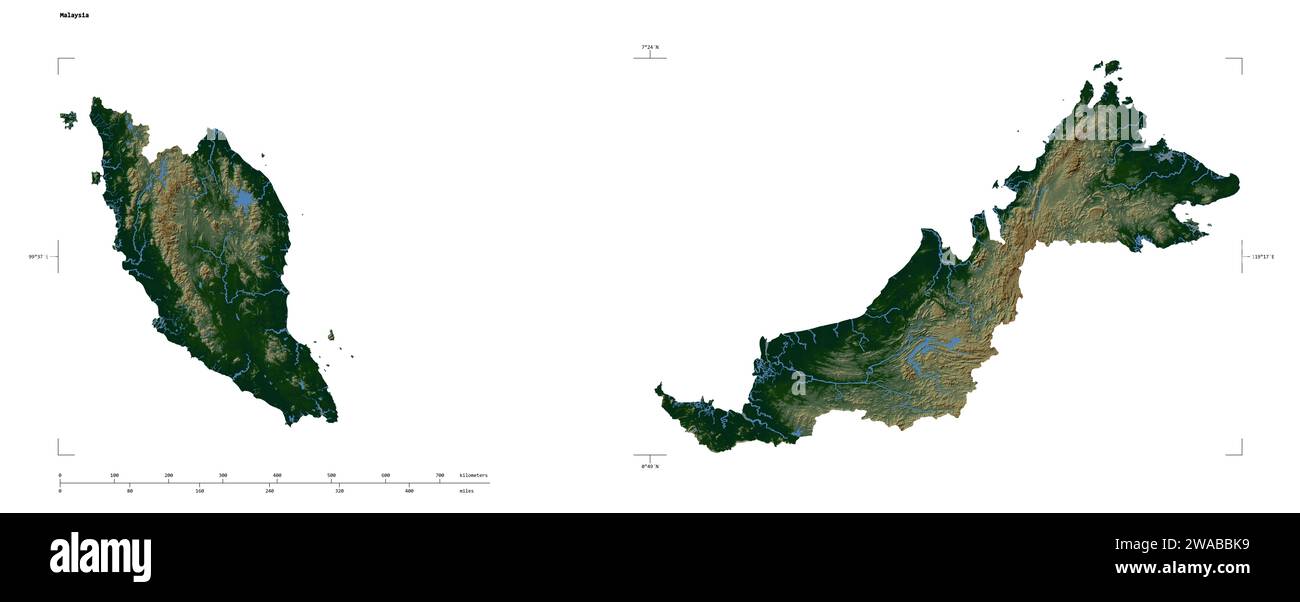 Forme d'une carte d'altitude en couleur avec les lacs et les rivières de la Malaisie, avec l'échelle de distance et les coordonnées de la frontière de la carte, isolé sur blanc Banque D'Images