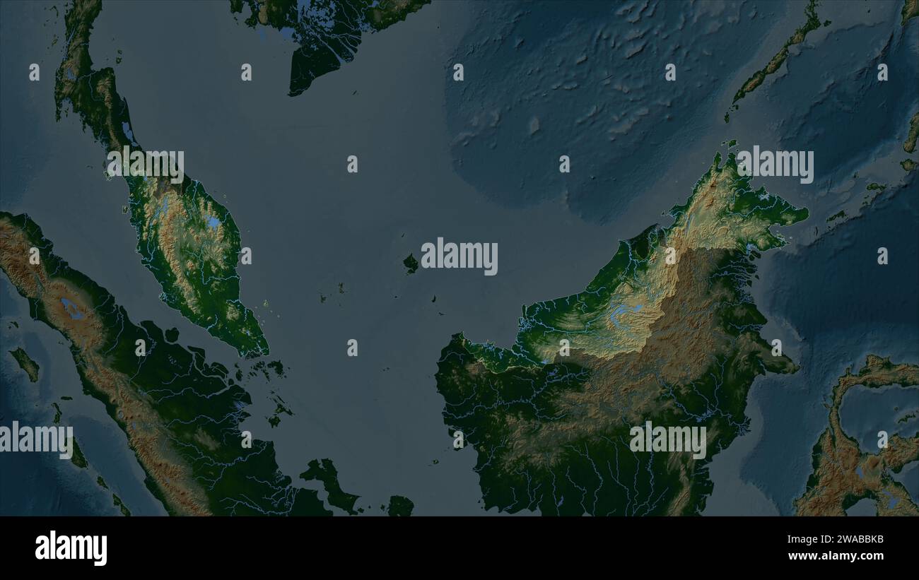Malaisie mise en évidence sur une carte d'altitude en couleur avec des lacs et des rivières Banque D'Images