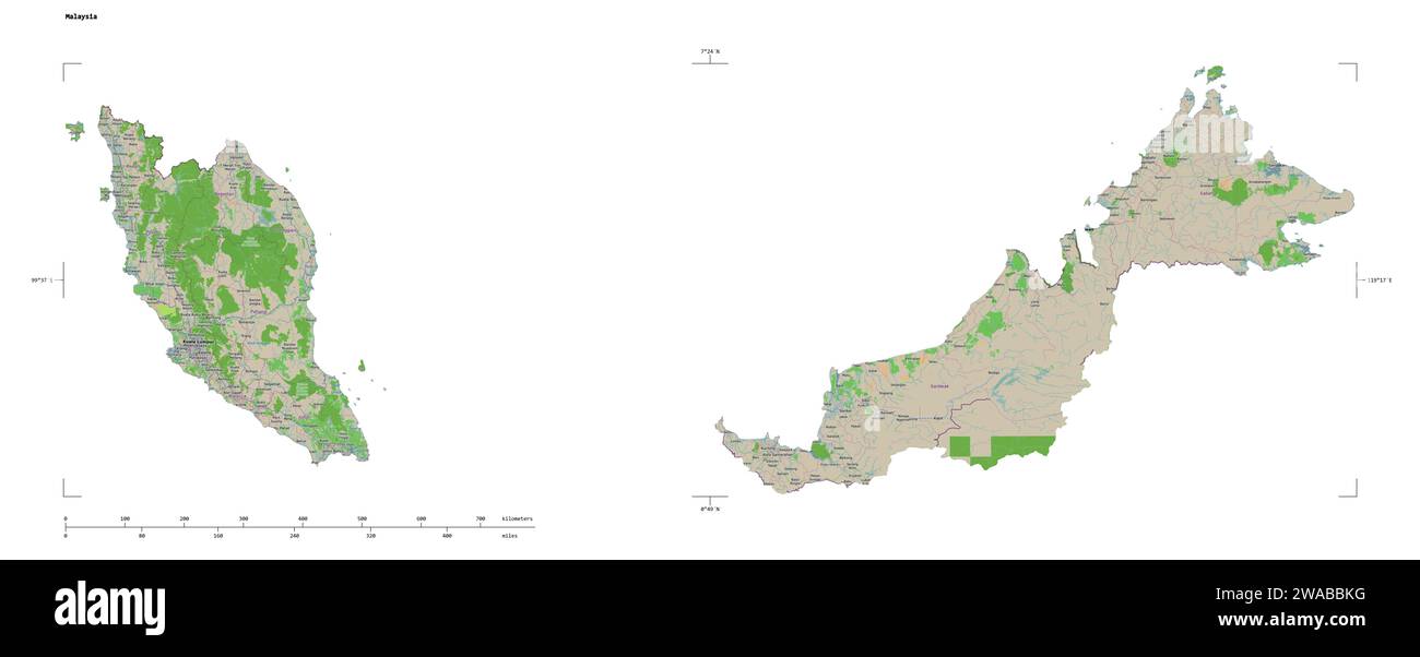 Forme d'une carte topographique, de style OSM France de la Malaisie, avec l'échelle de distance et les coordonnées de la frontière de la carte, isolée sur blanc Banque D'Images