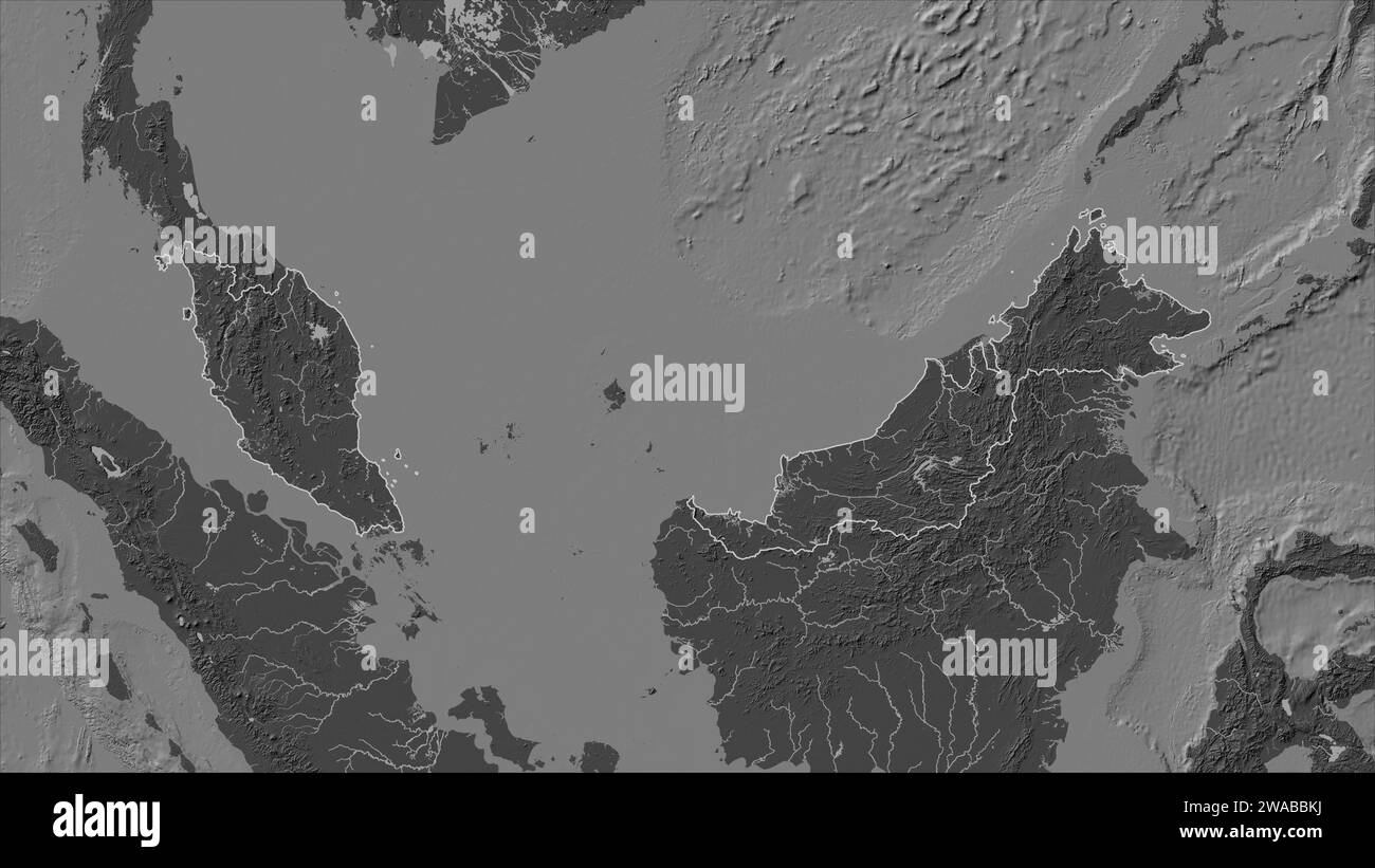 La Malaisie a décrit sur une carte d'altitude à deux niveaux avec des lacs et des rivières Banque D'Images