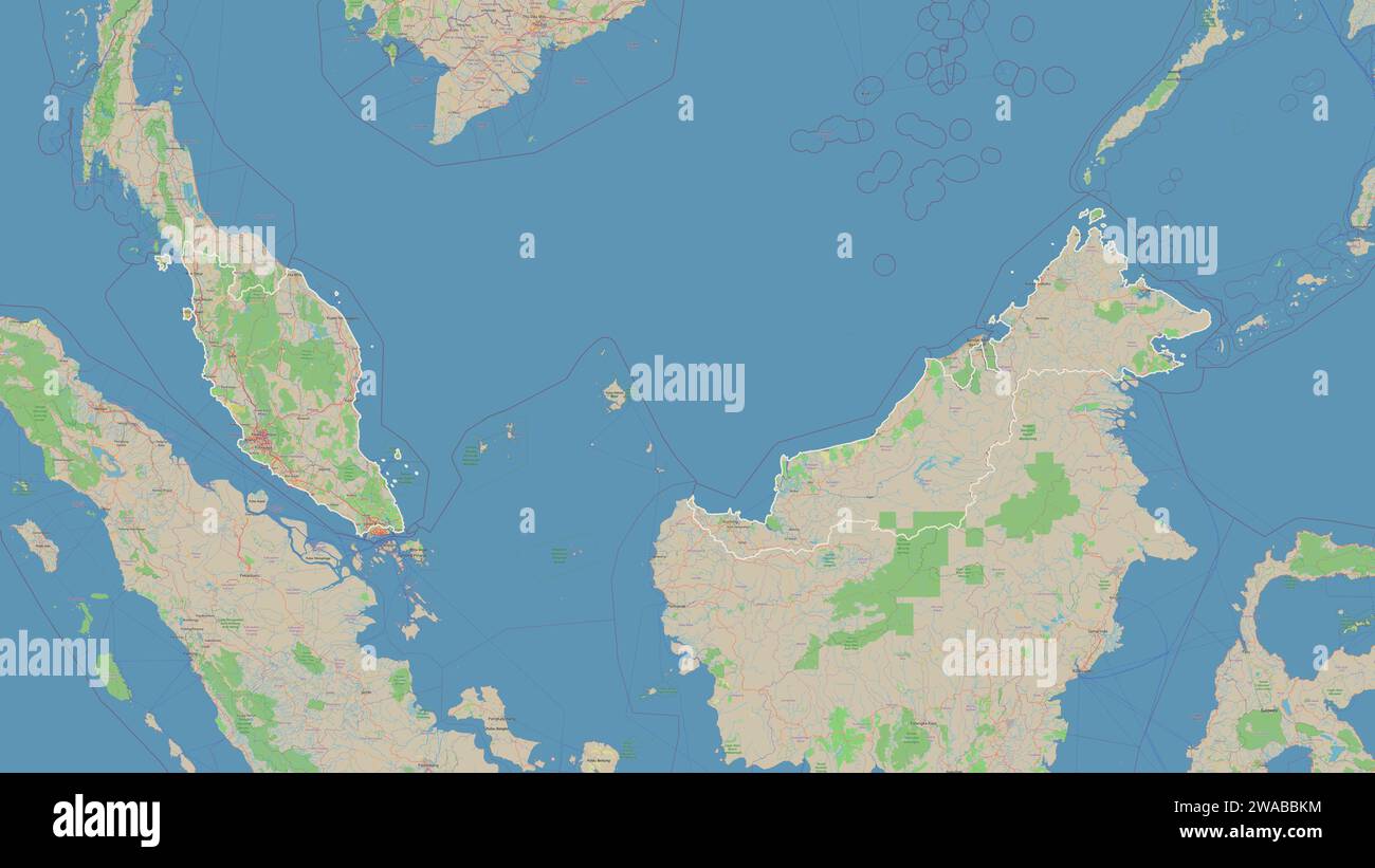 Malaisie esquissée sur une carte topographique de style OSM standard Banque D'Images