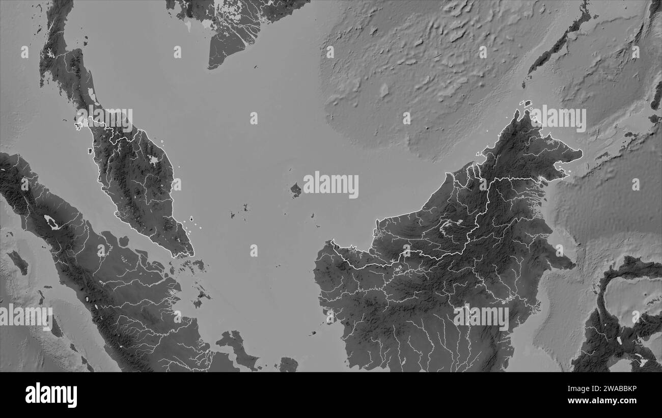 La Malaisie a décrit sur une carte d'altitude en niveaux de gris avec des lacs et des rivières Banque D'Images