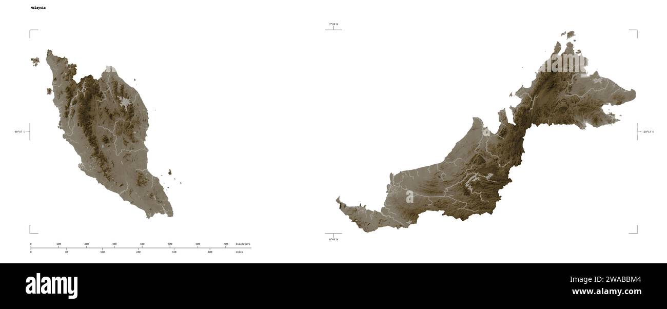 Forme d'une carte altimétrique colorée dans les tons sépia avec les lacs et les rivières de la Malaisie, avec l'échelle de distance et les coordonnées de la frontière de la carte, isolé sur WHI Banque D'Images