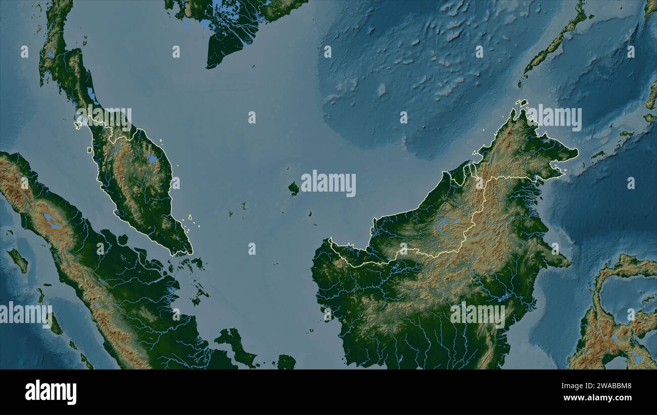 Malaisie décrit sur une carte d'altitude en couleur avec des lacs et des rivières Banque D'Images