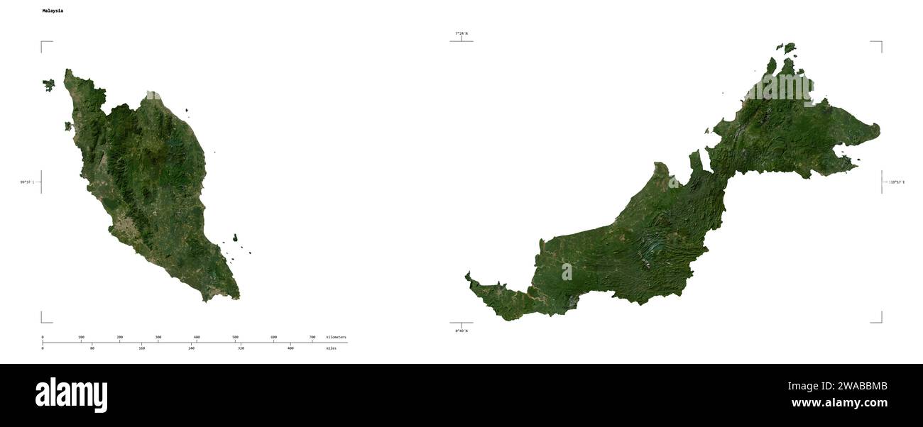 Forme d'une carte satellite à basse résolution de la Malaisie, avec échelle de distance et coordonnées de la frontière de la carte, isolé sur blanc Banque D'Images
