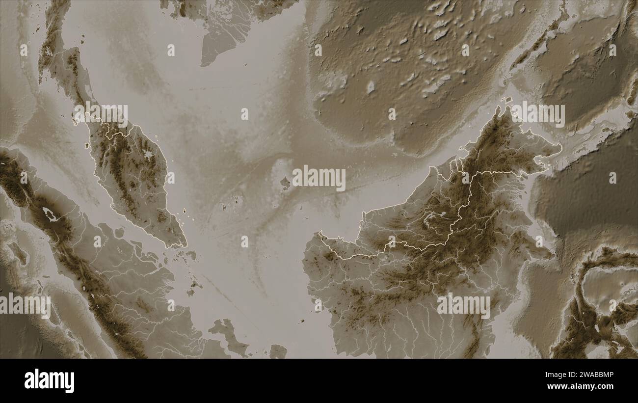 La Malaisie a décrit sur une carte d'altitude colorée en tons sépia avec des lacs et des rivières Banque D'Images