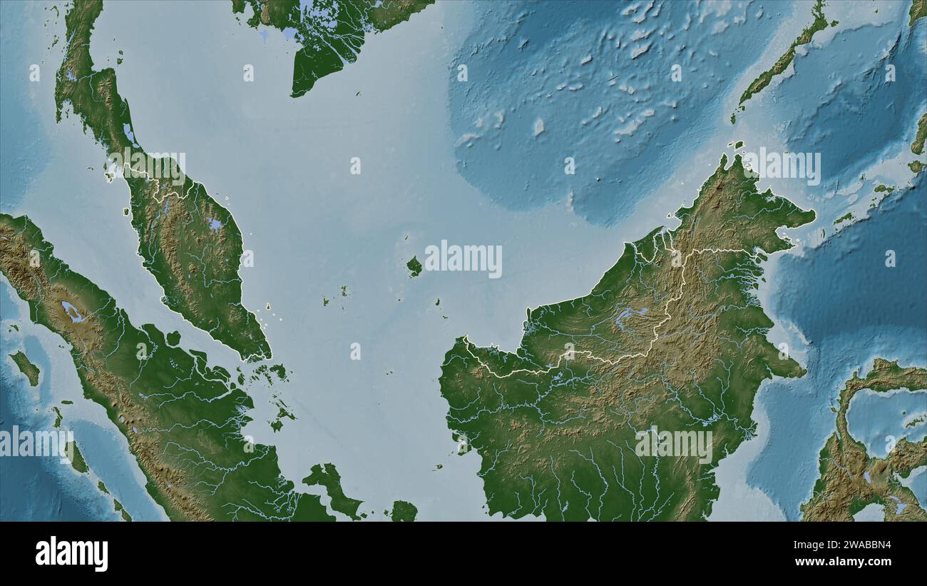 La Malaisie est décrite sur une carte altimétrique en couleur pâle avec des lacs et des rivières Banque D'Images