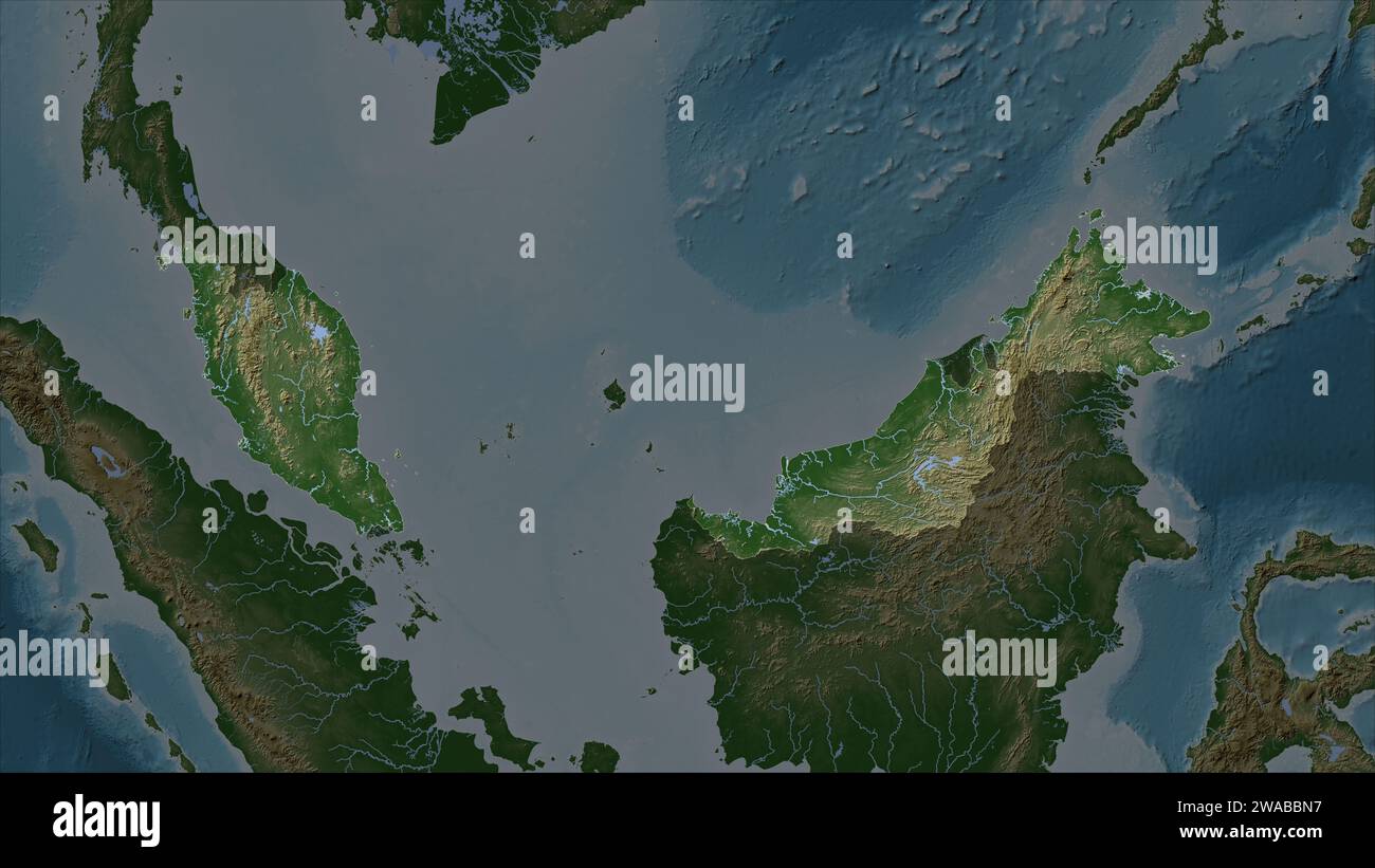 Malaisie mise en évidence sur une carte d'altitude en couleur pâle avec des lacs et des rivières Banque D'Images