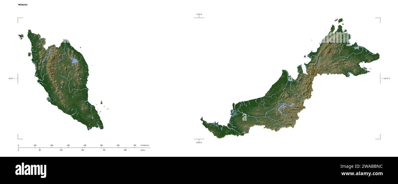 Forme d'une carte d'altitude couleur pâle avec les lacs et les rivières de la Malaisie, avec l'échelle de distance et les coordonnées de la frontière de la carte, isolé sur blanc Banque D'Images
