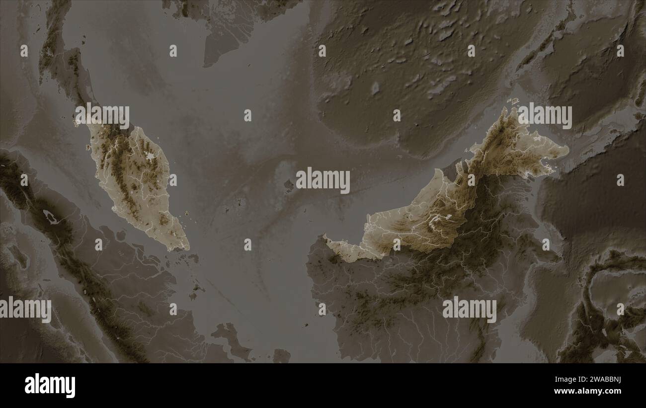 Malaisie mise en évidence sur une carte altimétrique colorée en tons sépia avec des lacs et des rivières Banque D'Images