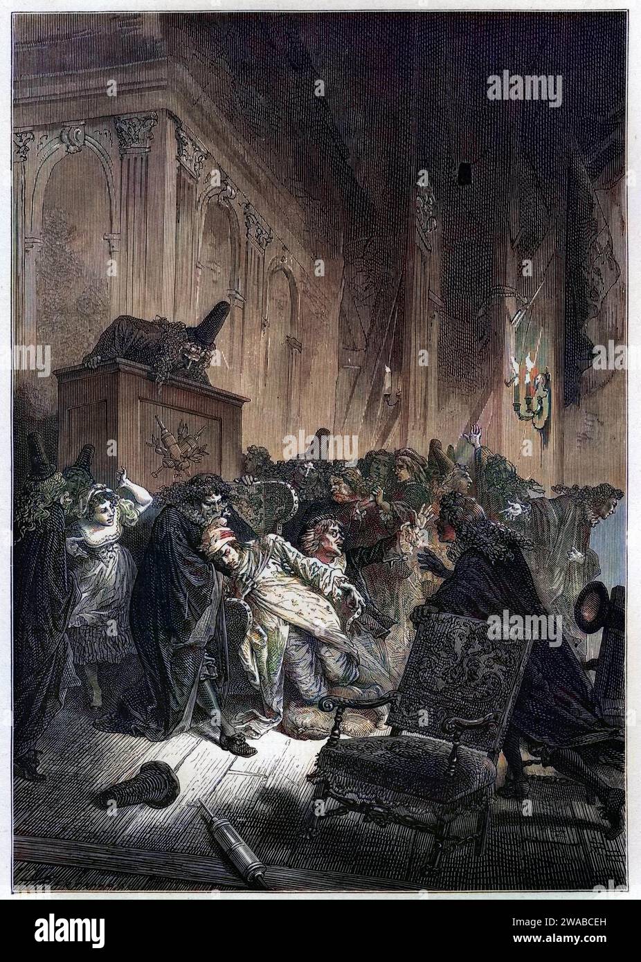 Représentation de la mort de Jean-Baptiste Poquelin, dit Molière (1622-1673), décédé de congestion pulmonaire lors d'une représentation de 'la maladie imaginaire' le 17/02/1673. Banque D'Images