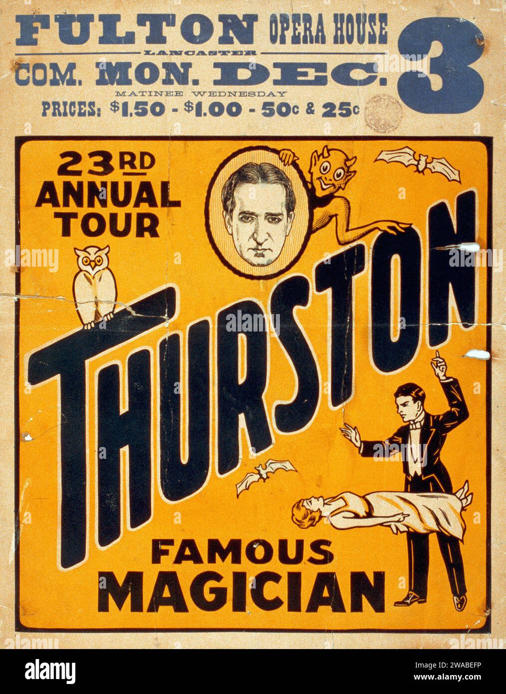 Affiche magique - Thurston, célèbre magicien 23e tournée annuelle - Fulton Opera House, c 1934 Banque D'Images