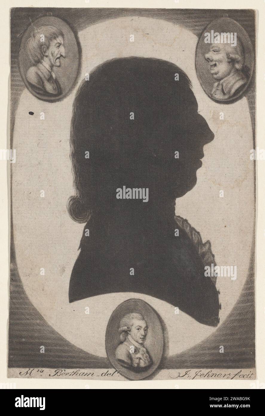 Edward Beetham, buste de profil à droite dans un ovale, avec deux têtes caricaturales en petits ovales dans les coins supérieurs 1966 par Edward Beetham Banque D'Images