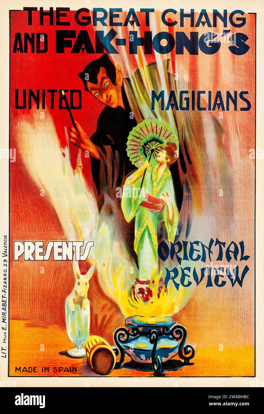 Affiche du spectacle de magie des magiciens Chang et FAK Hong's Oriental Review (années 1930) Banque D'Images