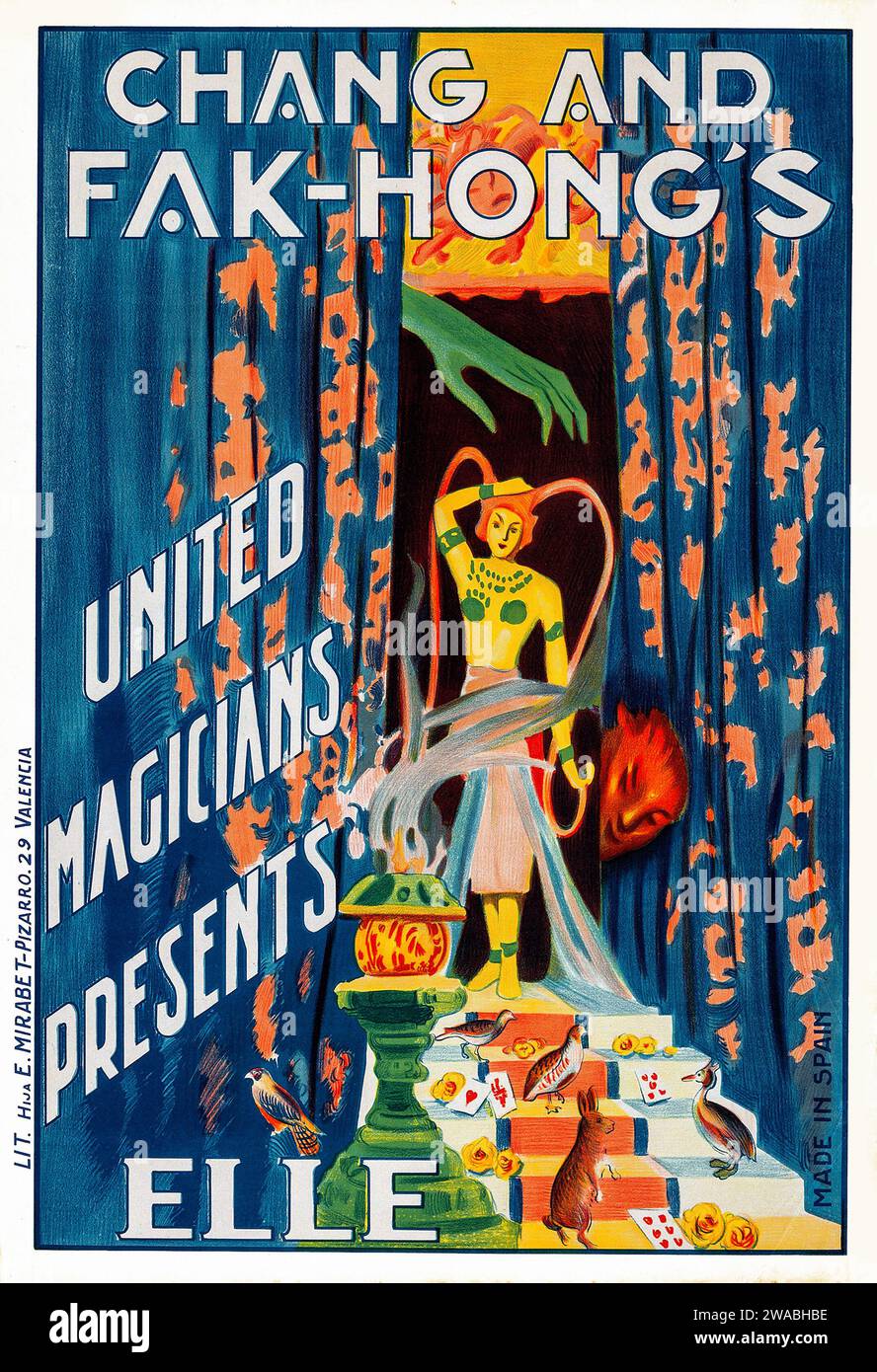Elle des magiciens Chang et FAK Hong (Hija de E. Mirabet., années 1930). Affiche Magic Show Banque D'Images