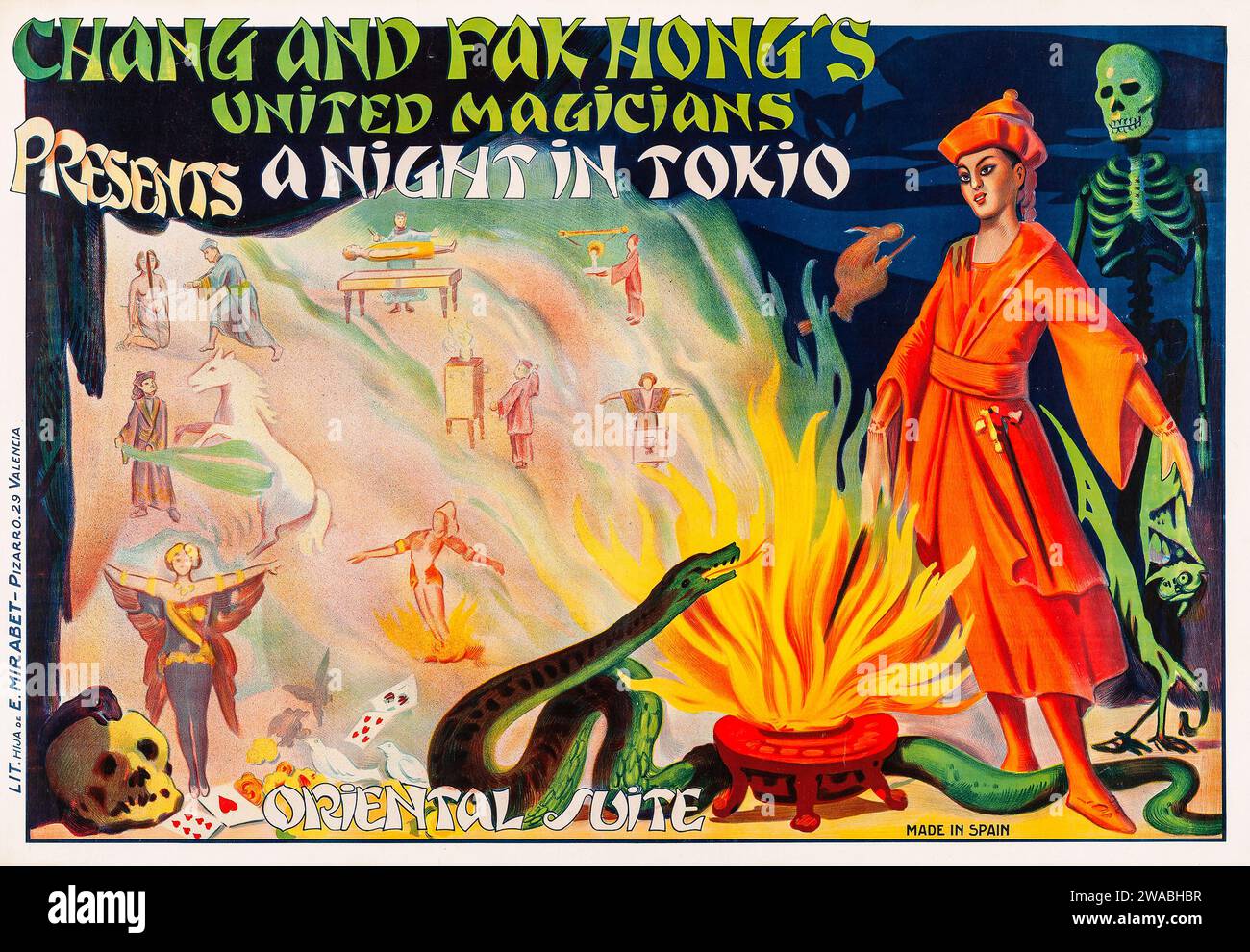 Chang et FAK Hong's A Night in Tokio (début des années 1930) affiche espagnole - spectacle oriental, spectacle de magie Banque D'Images