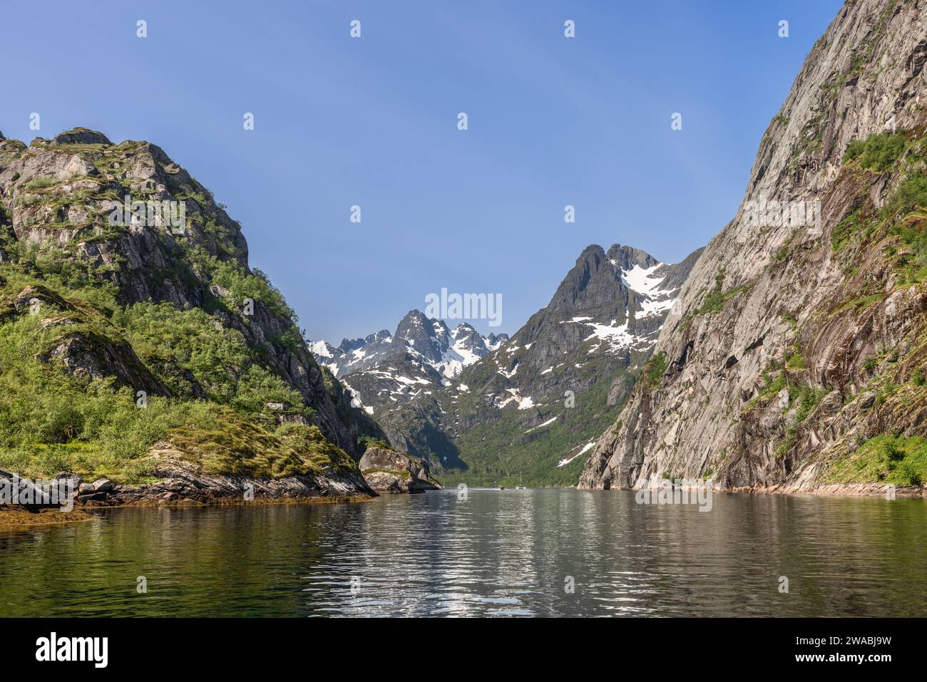 L'eau tranquille de Trollfjorden crée un miroir parfait pour les falaises imposantes et les montagnes enneigées sous le ciel nordique lumineux. Lofoten Banque D'Images