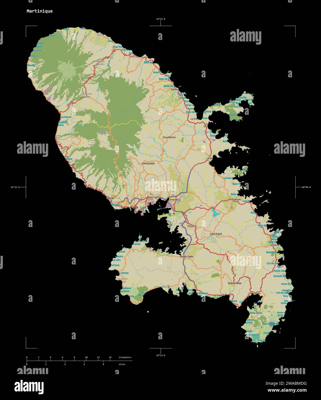 Forme d'une carte topographique, de style OSM humanitaire de la Martinique, avec échelle de distance et coordonnées de la frontière de la carte, isolée sur noir Banque D'Images