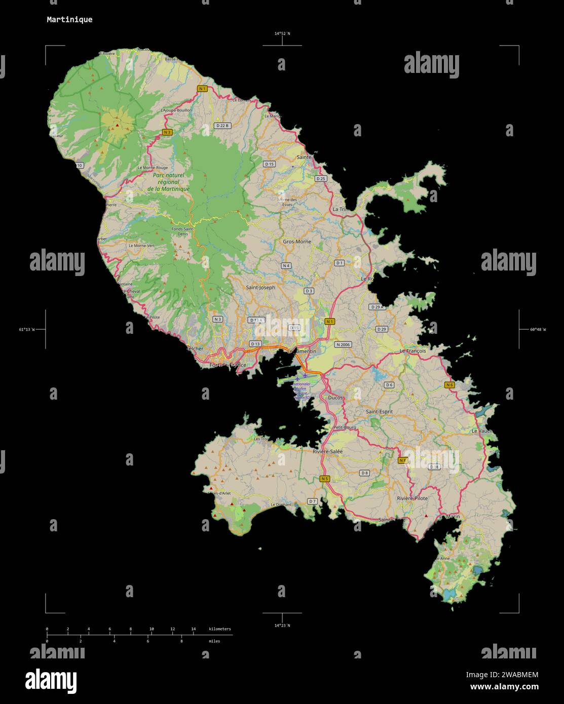 Forme d'une carte topographique, de style OSM Allemagne de la Martinique, avec l'échelle de distance et les coordonnées de la frontière de la carte, isolée sur noir Banque D'Images