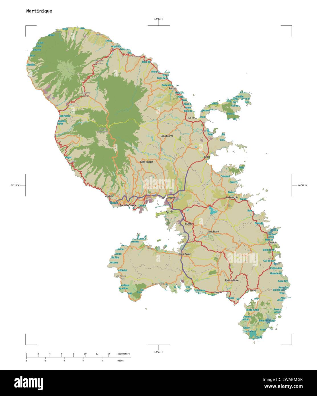 Forme d'une carte topographique, de style OSM humanitaire de la Martinique, avec échelle de distance et coordonnées de la frontière de la carte, isolée sur blanc Banque D'Images
