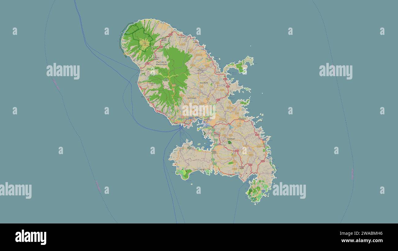 Martinique esquissé sur une carte topographique de style OSM France Banque D'Images