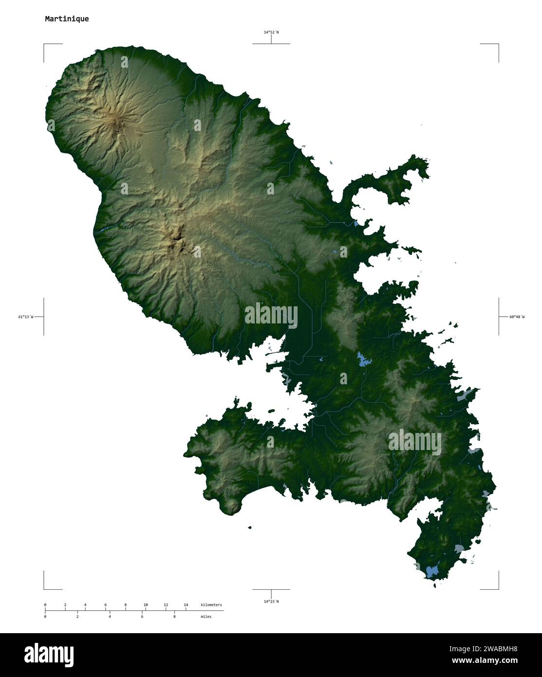 Forme d'une carte altimétrique en couleur avec les lacs et rivières de la Martinique, avec l'échelle de distance et les coordonnées de la frontière de la carte, isolé sur blanc Banque D'Images