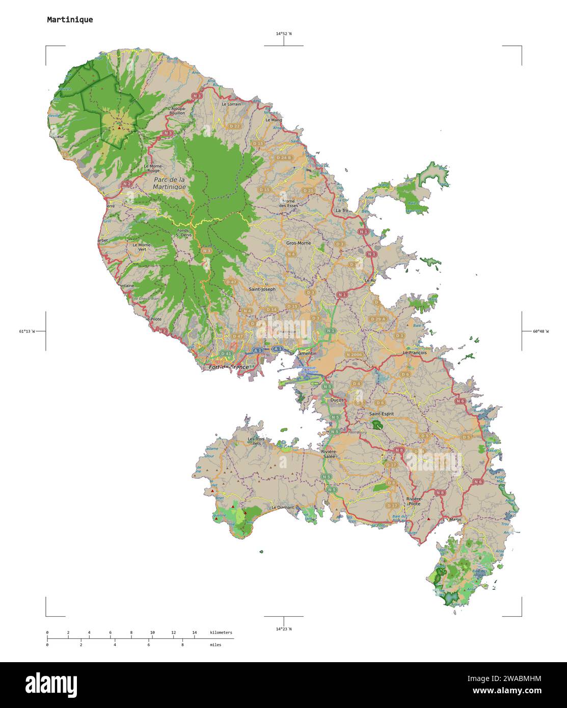 Forme d'une carte topographique, de style OSM France de la Martinique, avec échelle de distance et coordonnées de la frontière de la carte, isolée sur blanc Banque D'Images