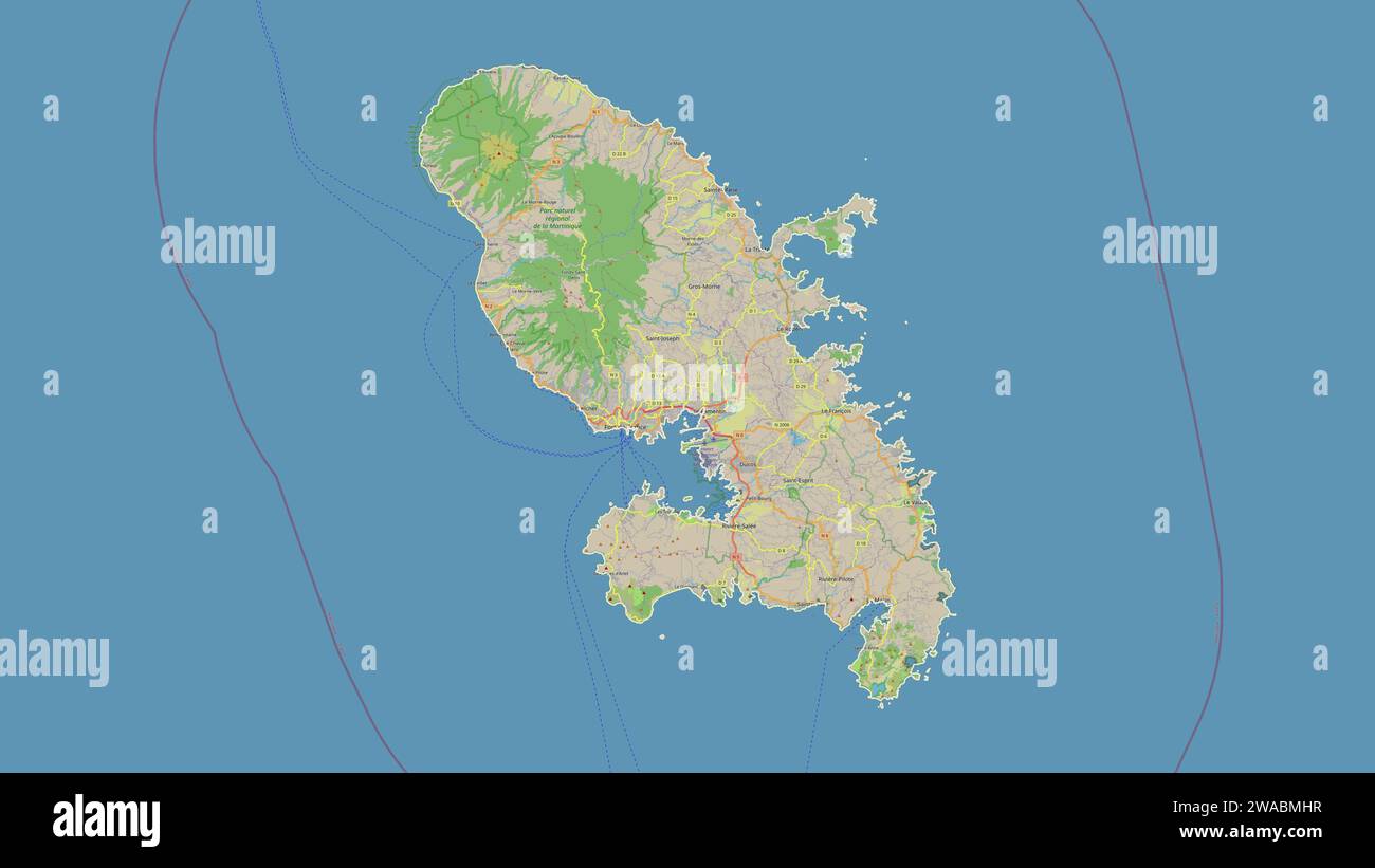 Martinique décrit sur une carte topographique de style OSM standard Banque D'Images