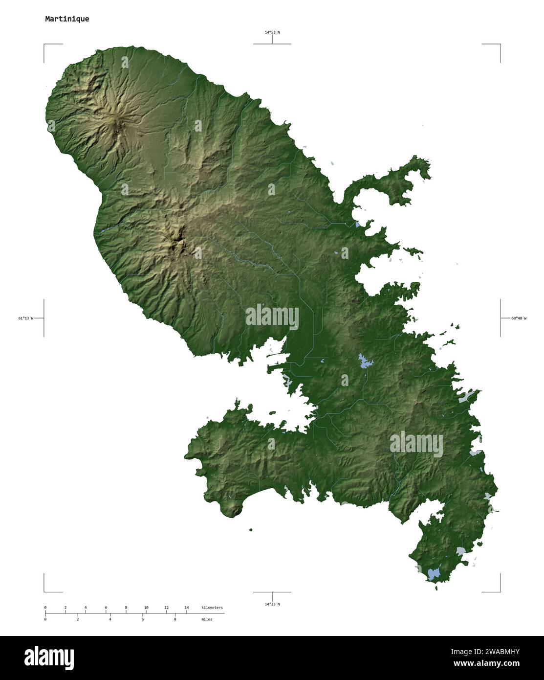 Forme d'une carte d'altitude en couleur pâle avec les lacs et les rivières de la Martinique, avec l'échelle de distance et les coordonnées de la frontière de la carte, isolé sur blanc Banque D'Images