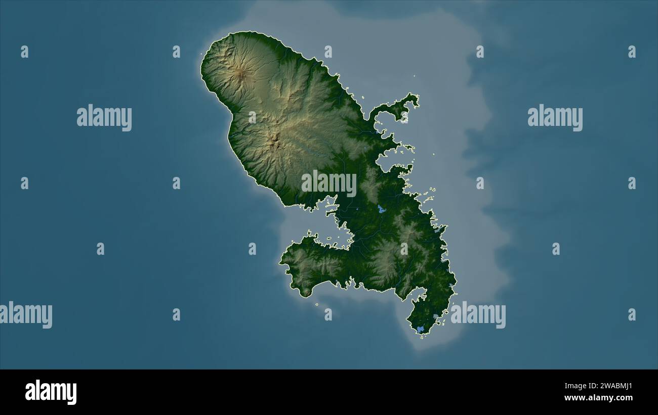 Martinique décrit sur une carte d'altitude en couleur avec des lacs et des rivières Banque D'Images