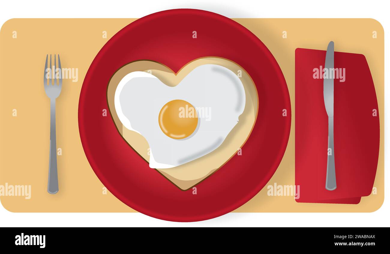Petit déjeuner spécial Saint Valentin, œuf en forme de cœur sur une assiette rouge vibrante Illustration de Vecteur
