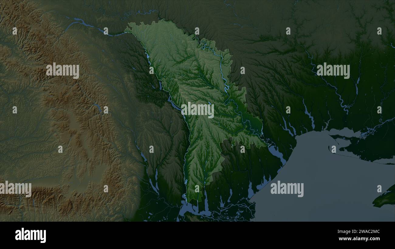 Moldavie mise en évidence sur une carte d'altitude en couleur avec des lacs et des rivières Banque D'Images