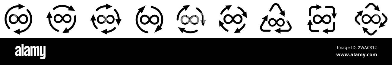 Icône infini dans les flèches formant cycle, deux versions trois et quatre flèches. Ne jamais terminer le cycle ou changer le concept Illustration de Vecteur