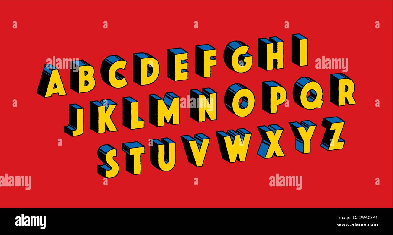 Le SUPER Alphabet. Lettres et chiffres de conception d'effet 3D. Typographie rétro-comique. Police vectorielle dessinée à la main. Illustration de Vecteur