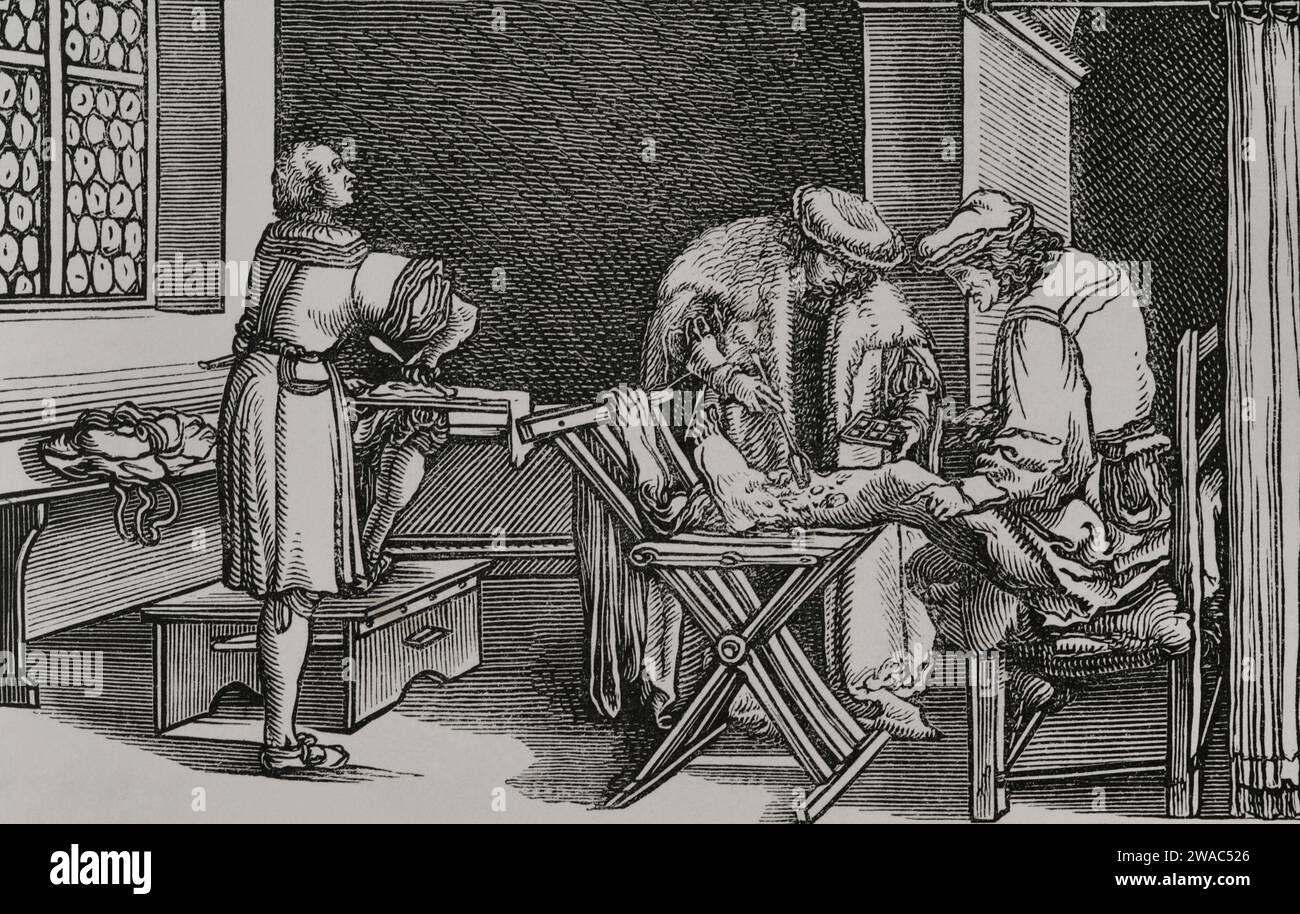 Chirurgien allemand. Fac-similé d'une gravure attribuée à Hans Holbein, dans la traduction allemande de Boethius 'Consolatio Philosophiae', publiée à Augsbourg en 1537. Sciences & lettres au Moyen Age et à l'époque de la Renaissance. Paris, 1877. Banque D'Images