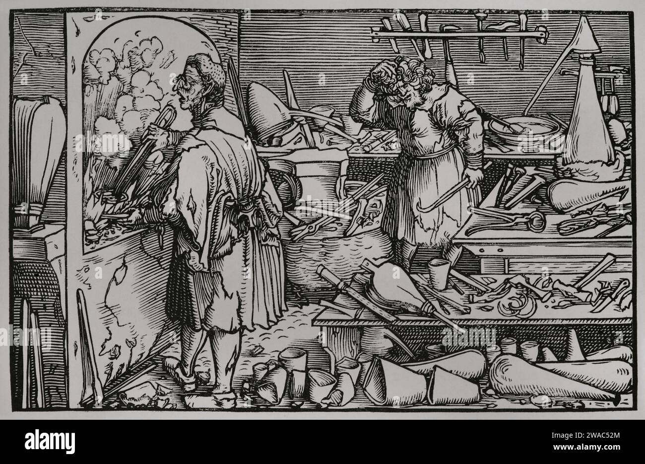 L'alchimiste allemand. Fac-similé d'une gravure attribuée à Hans Holbein, de la traduction allemande de Boethius 'Consolatio Philosophiae', publiée à Augsbourg en 1537. Sciences & lettres au Moyen Age et à l'époque de la Renaissance. Paris, 1877. Banque D'Images