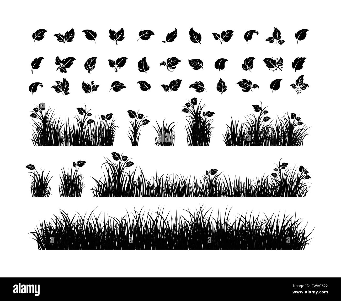 Silhouette d'herbe verte. Lignes de dessins animés de plantes et d'arbustes pour l'embarquement et l'encadrement, élément de logo écologique et organique. Vector Set Spring Field planter SH Illustration de Vecteur
