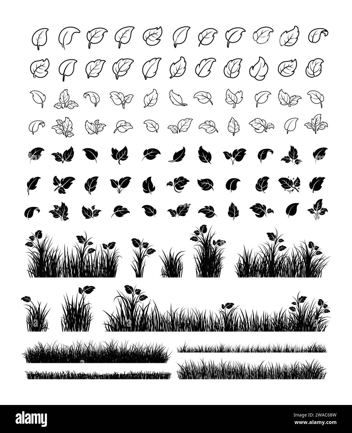 Silhouette d'herbe verte. Lignes de dessins animés de plantes et d'arbustes pour l'embarquement et l'encadrement, élément de logo écologique et organique. Vector Set Spring Field planter SH Illustration de Vecteur