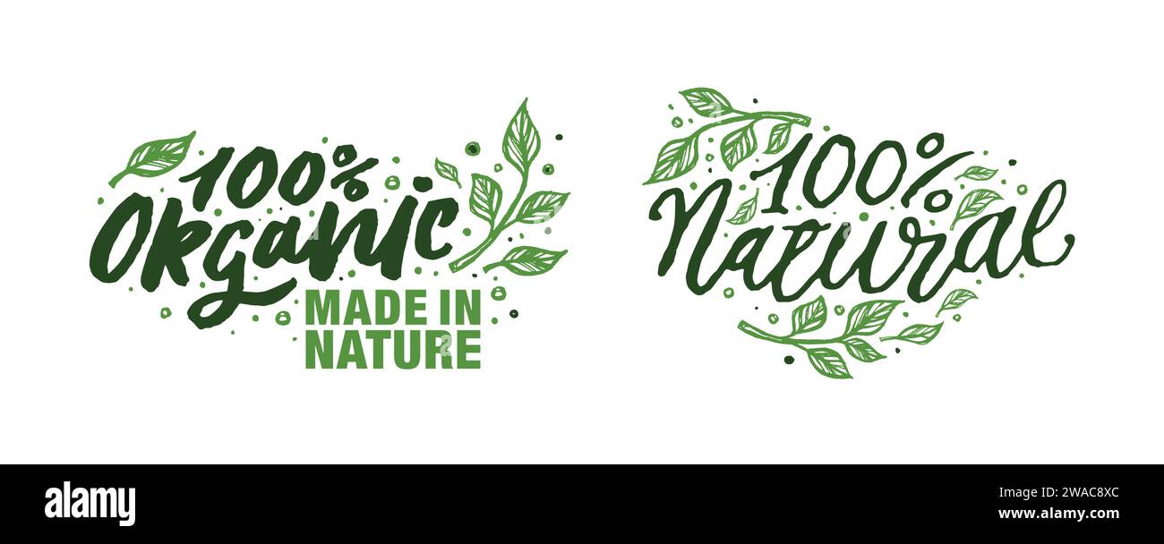 Produit biologique, fabriqué dans la nature et localement cultivé Vegan logos et éléments collection pour le marché alimentaire, le commerce électronique, la promotion des produits, la vie saine et Illustration de Vecteur